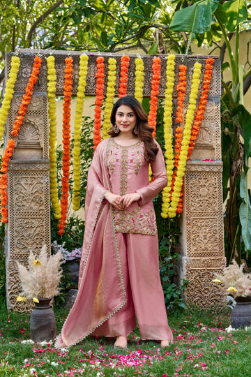 Pink Bloom Embroidered Palazzo Suit Set