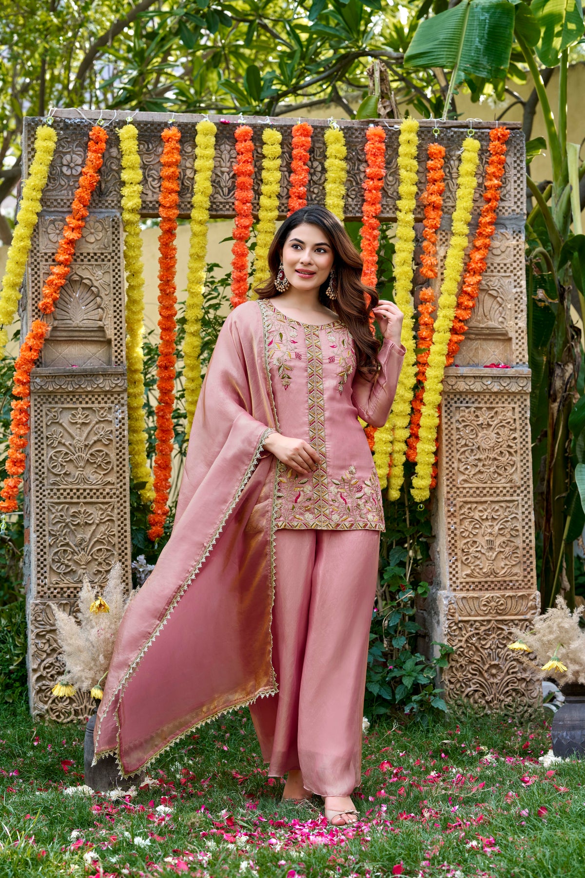 Pink Bloom Embroidered Palazzo Suit Set