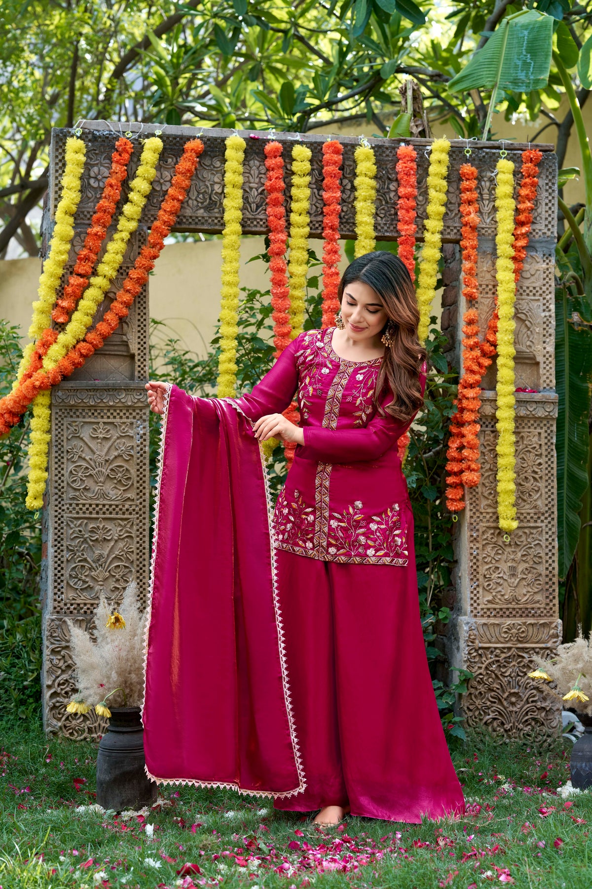 Pink Bloom Embroidered Palazzo Suit Set