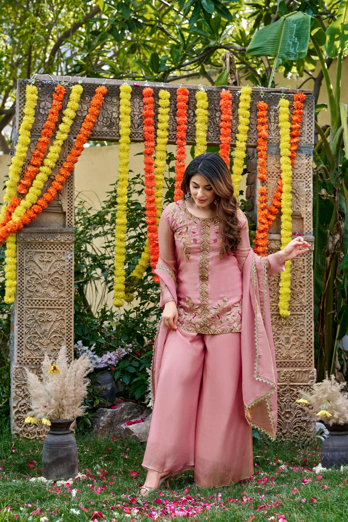 Pink Bloom Embroidered Palazzo Suit Set