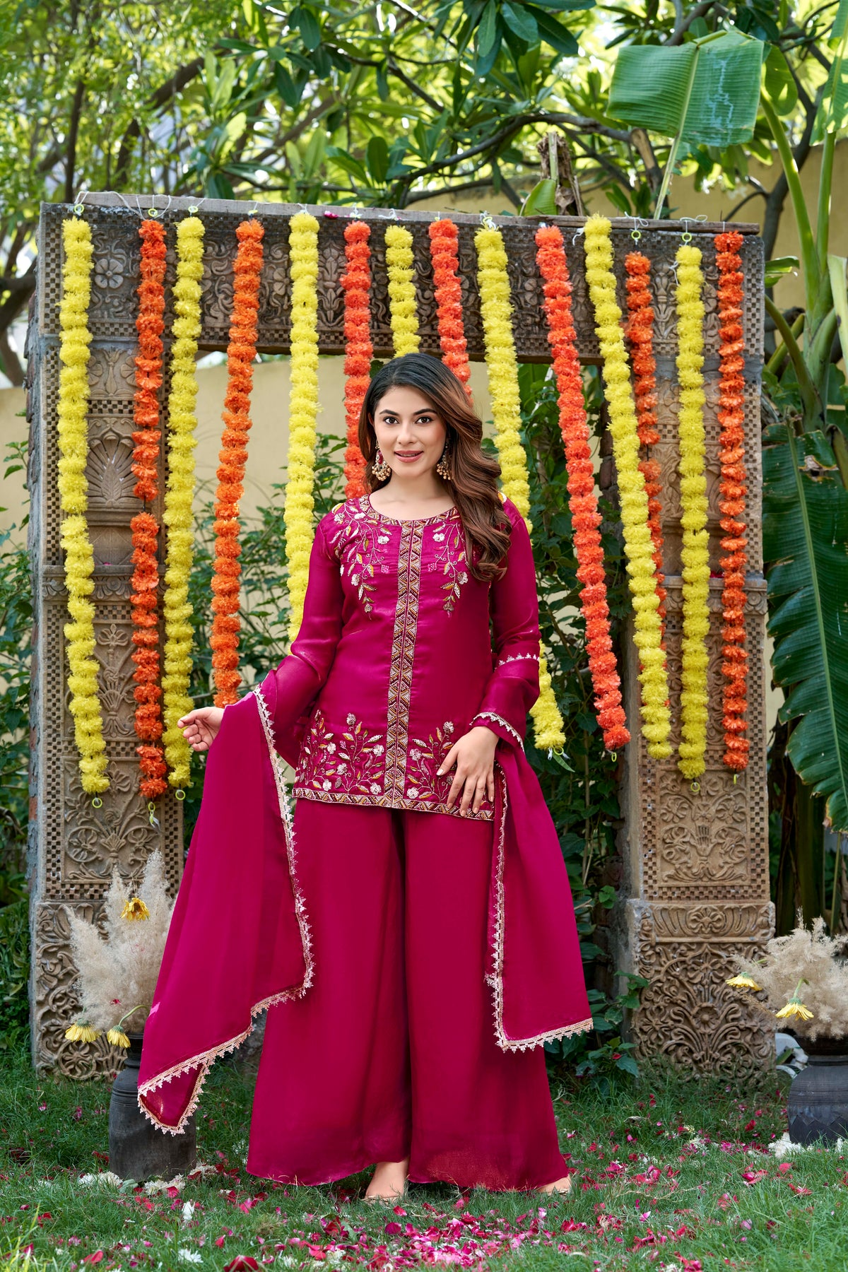 Pink Bloom Embroidered Palazzo Suit Set