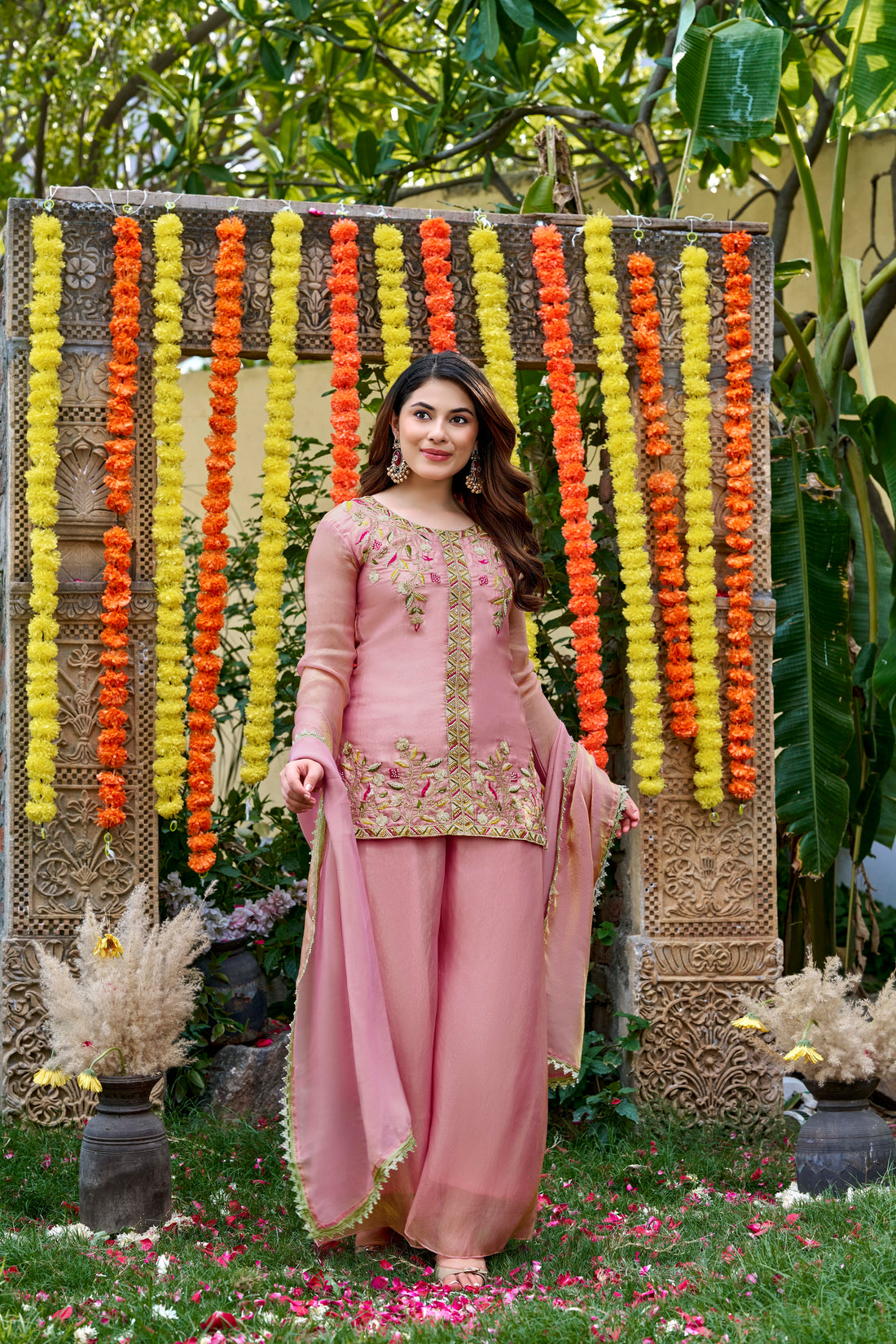 Pink Bloom Embroidered Palazzo Suit Set