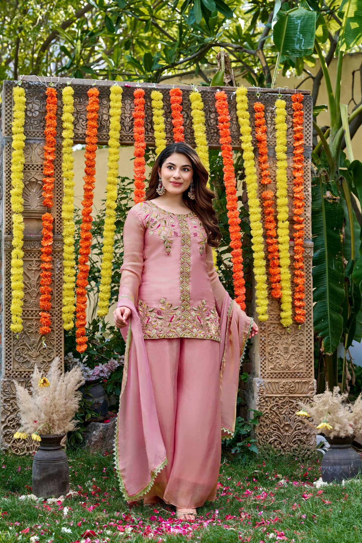 Pink Bloom Embroidered Palazzo Suit Set