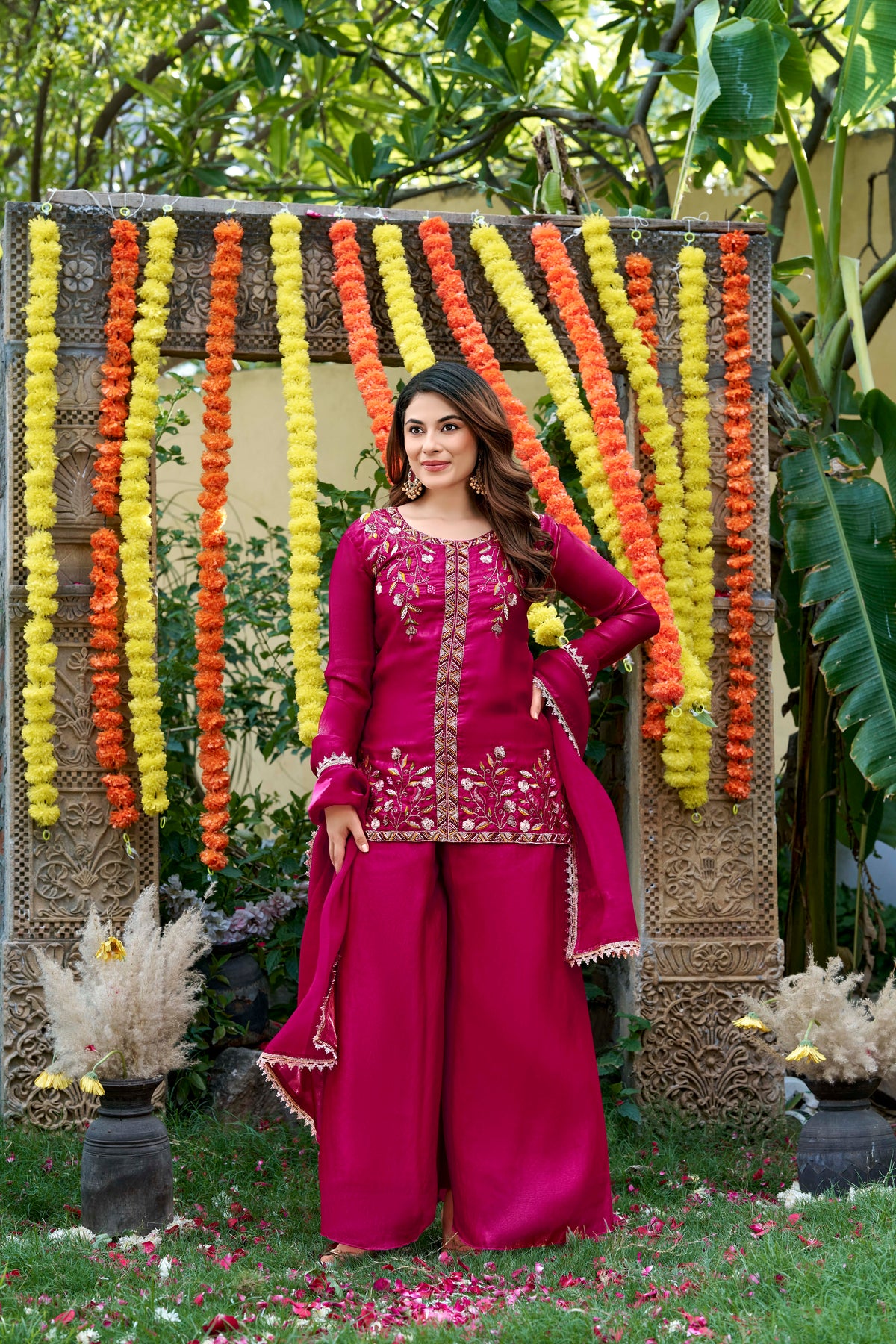Pink Bloom Embroidered Palazzo Suit Set