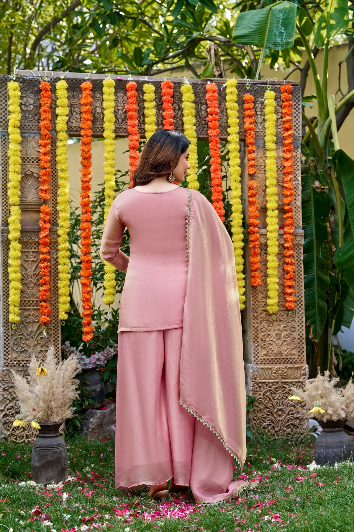 Pink Bloom Embroidered Palazzo Suit Set