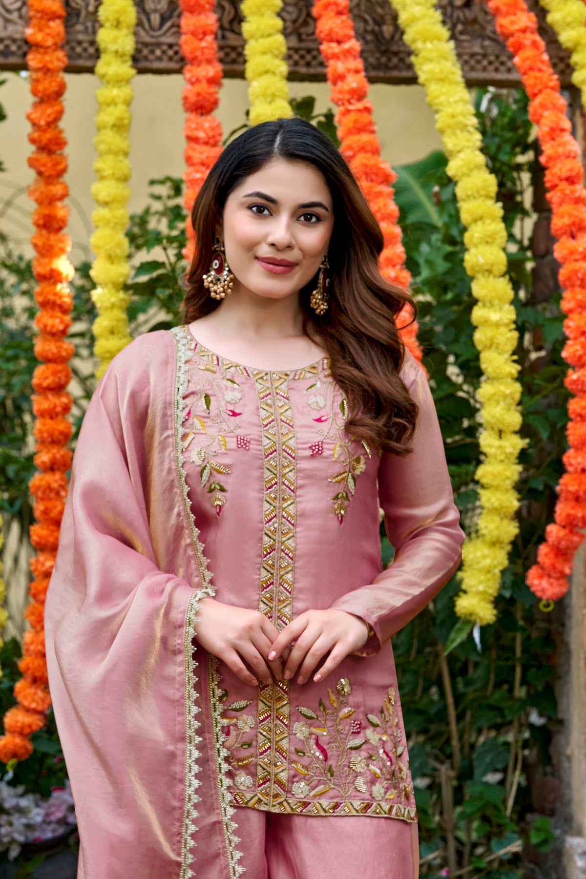 Pink Bloom Embroidered Palazzo Suit Set