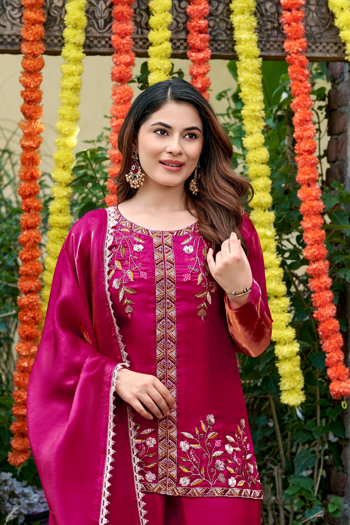 Pink Bloom Embroidered Palazzo Suit Set