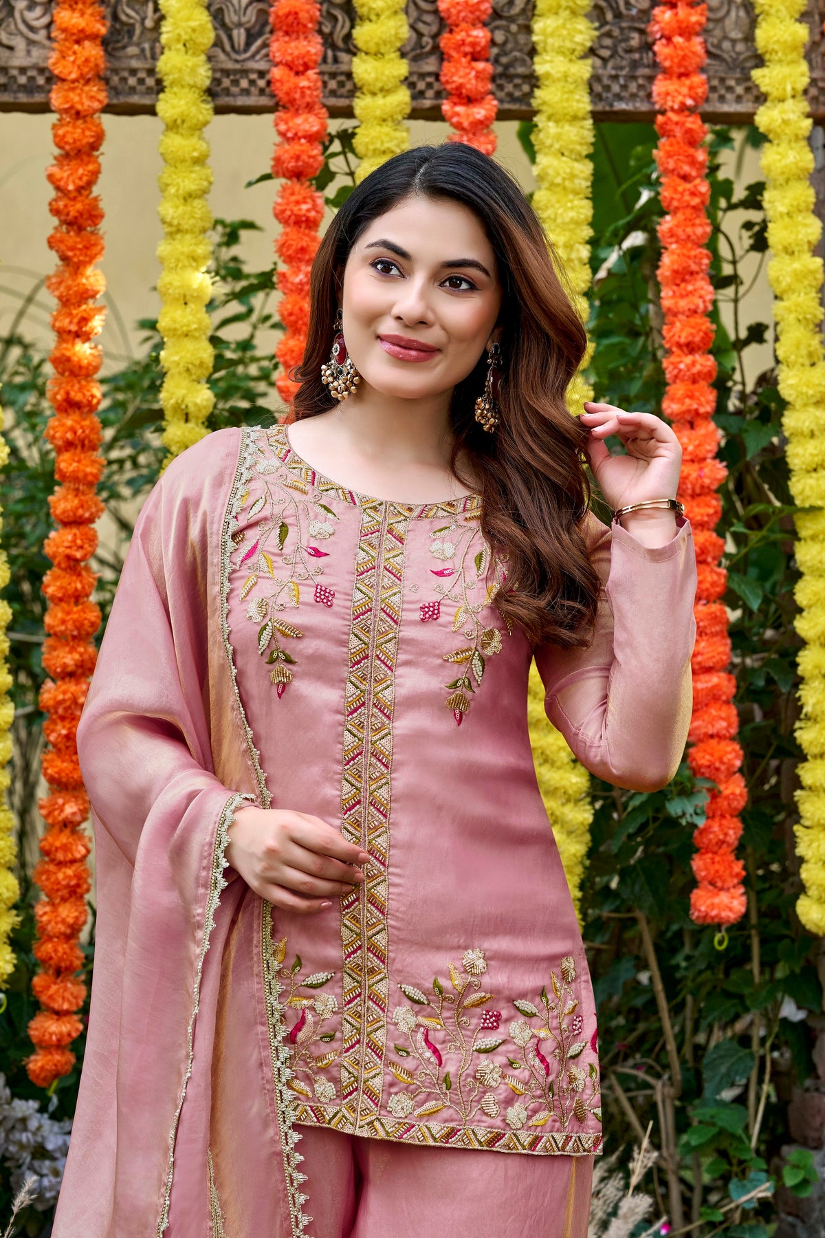 Pink Bloom Embroidered Palazzo Suit Set