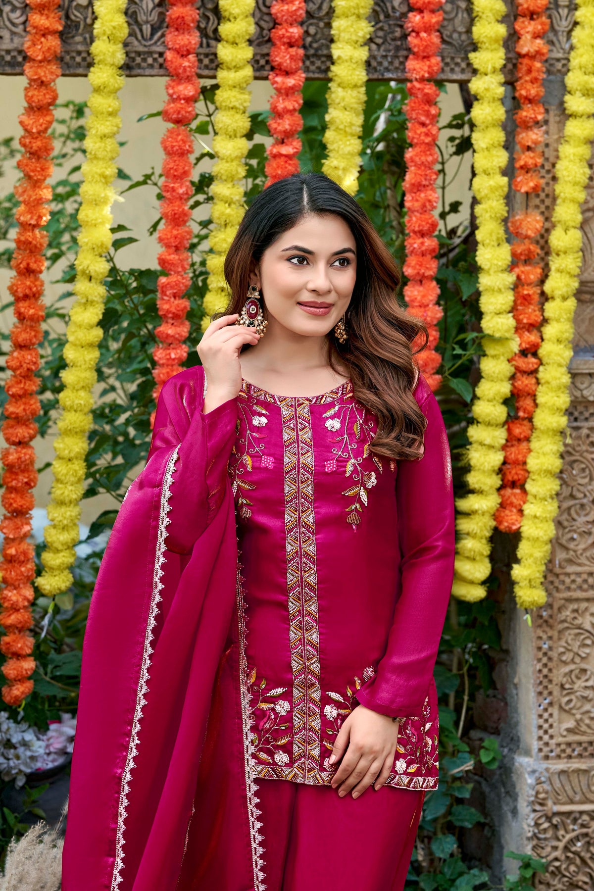 Pink Bloom Embroidered Palazzo Suit Set