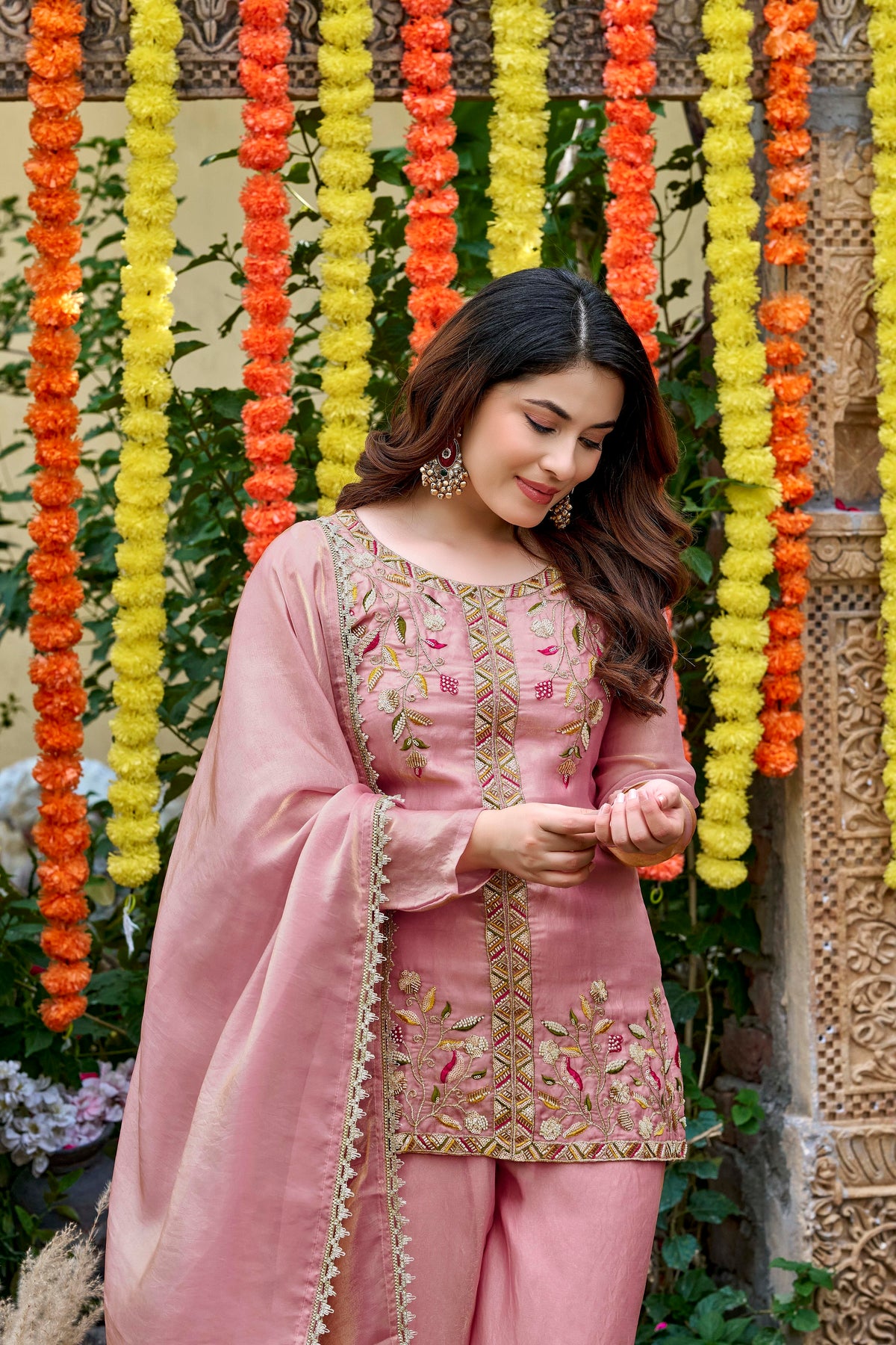 Pink Bloom Embroidered Palazzo Suit Set