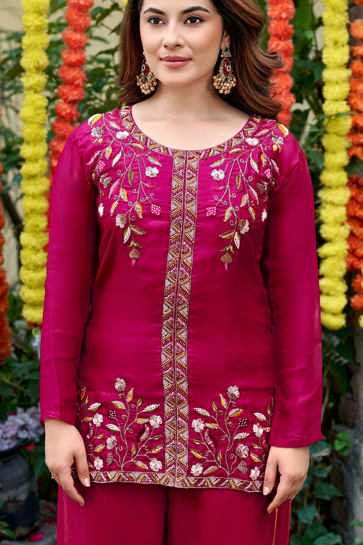 Pink Bloom Embroidered Palazzo Suit Set
