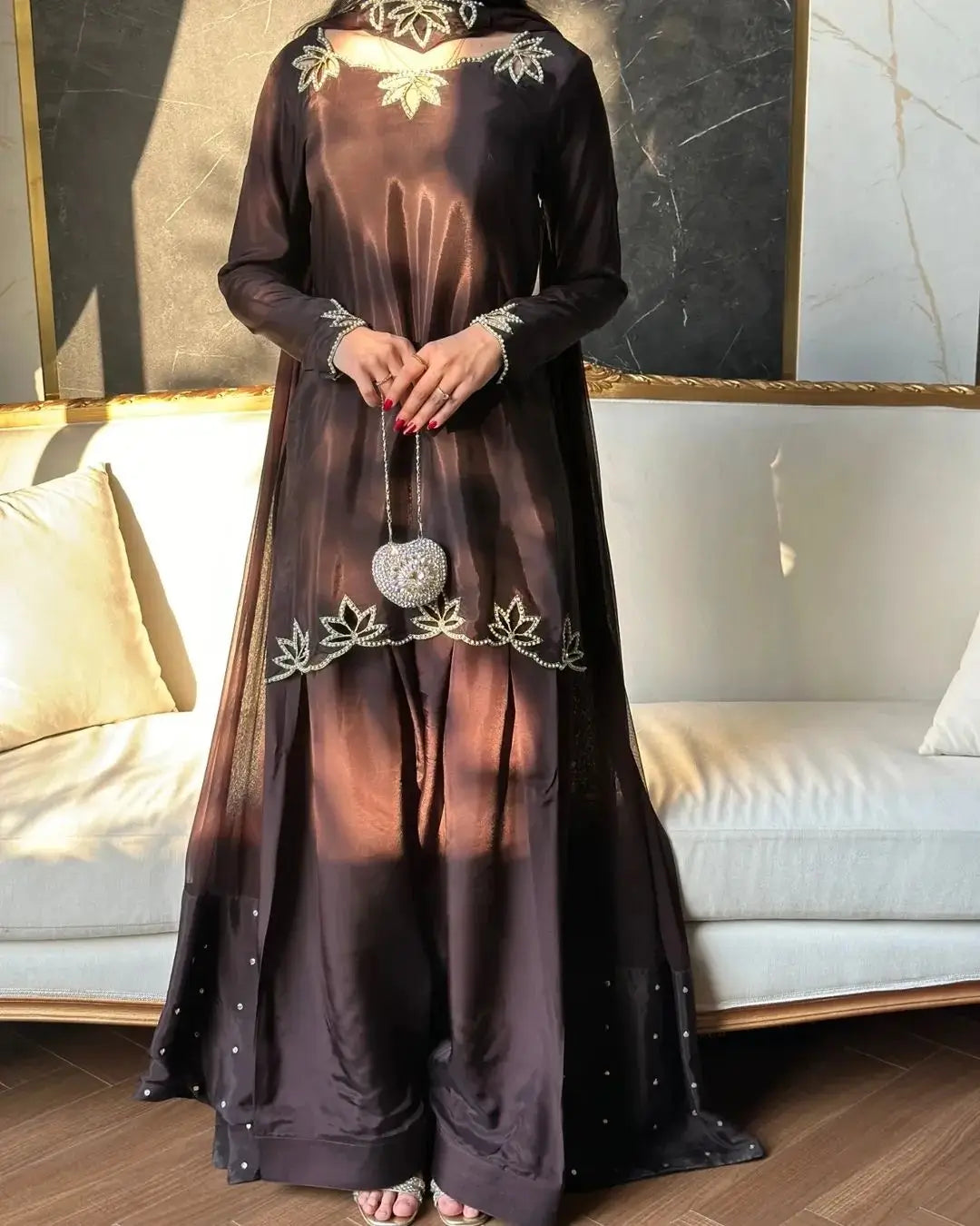 Brown Embroidered Crepe Top with Farshi Salwar Set