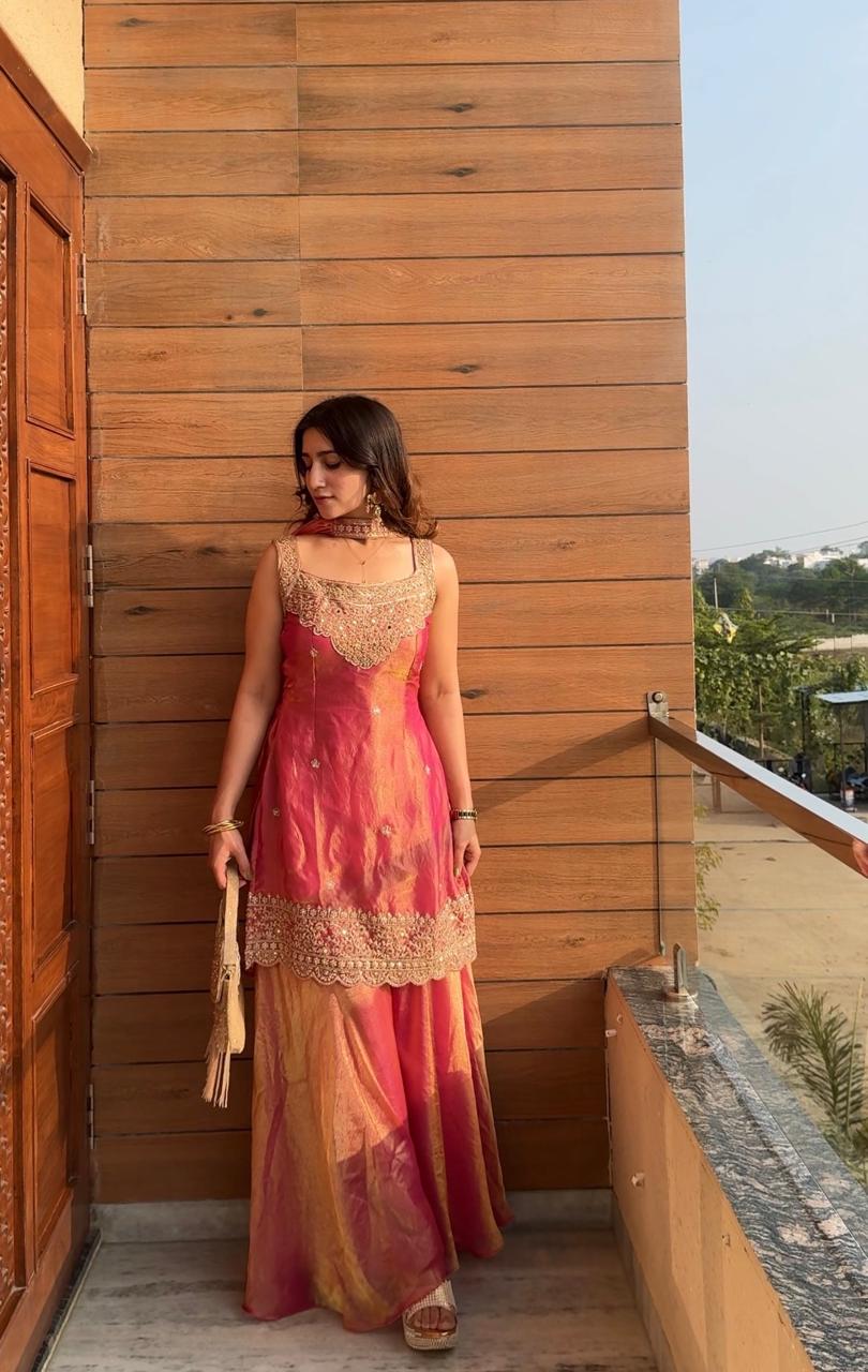 Mint & Coral Zari Embroidered Sharara Set