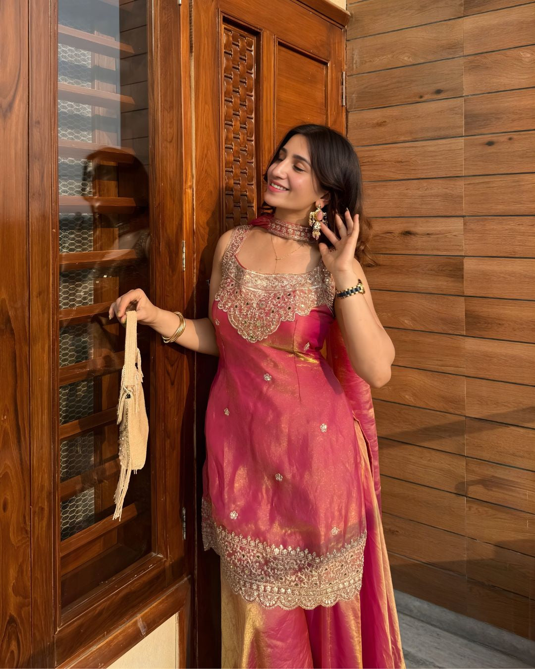 Mint & Coral Zari Embroidered Sharara Set