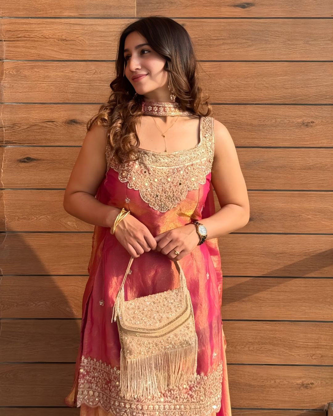 Mint & Coral Zari Embroidered Sharara Set