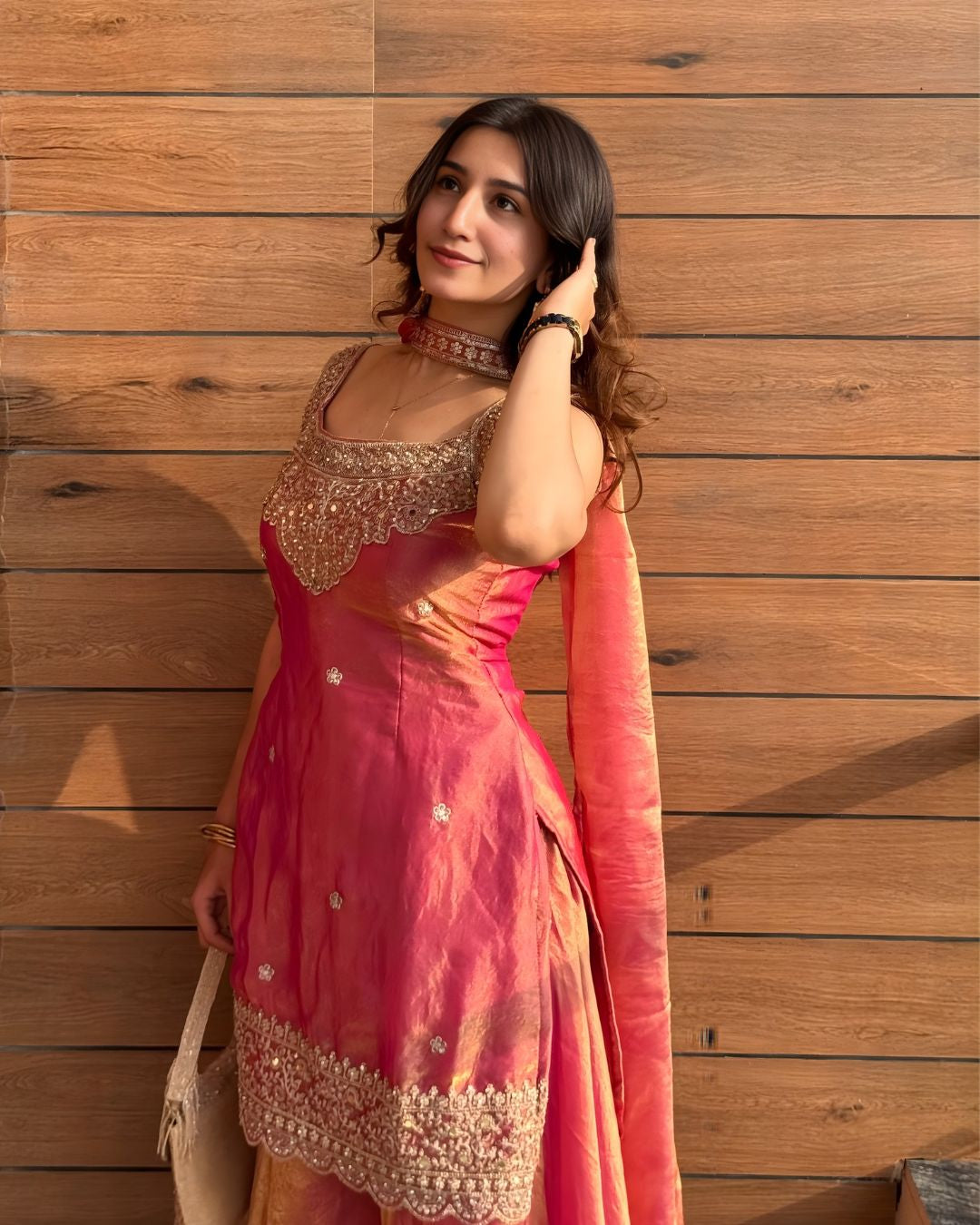 Mint & Coral Zari Embroidered Sharara Set