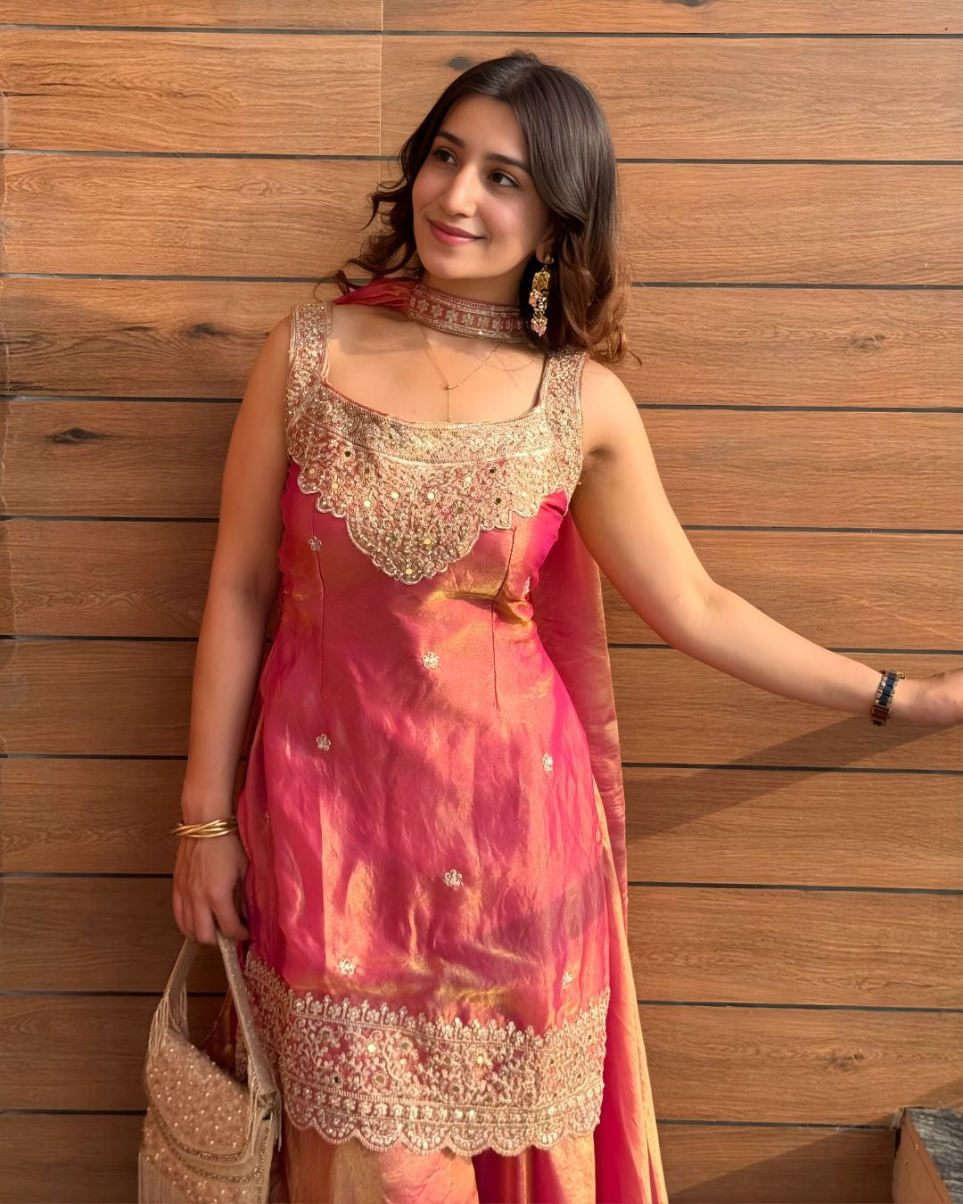 Mint & Coral Zari Embroidered Sharara Set