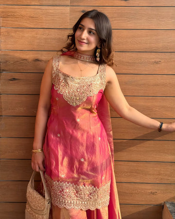 Mint & Coral Zari Embroidered Sharara Set