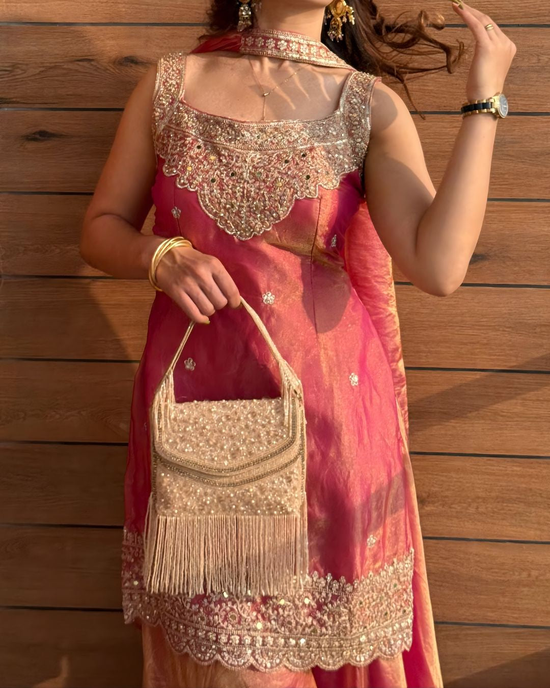 Mint & Coral Zari Embroidered Sharara Set