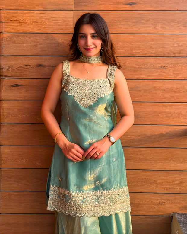 Mint & Coral Zari Embroidered Sharara Set