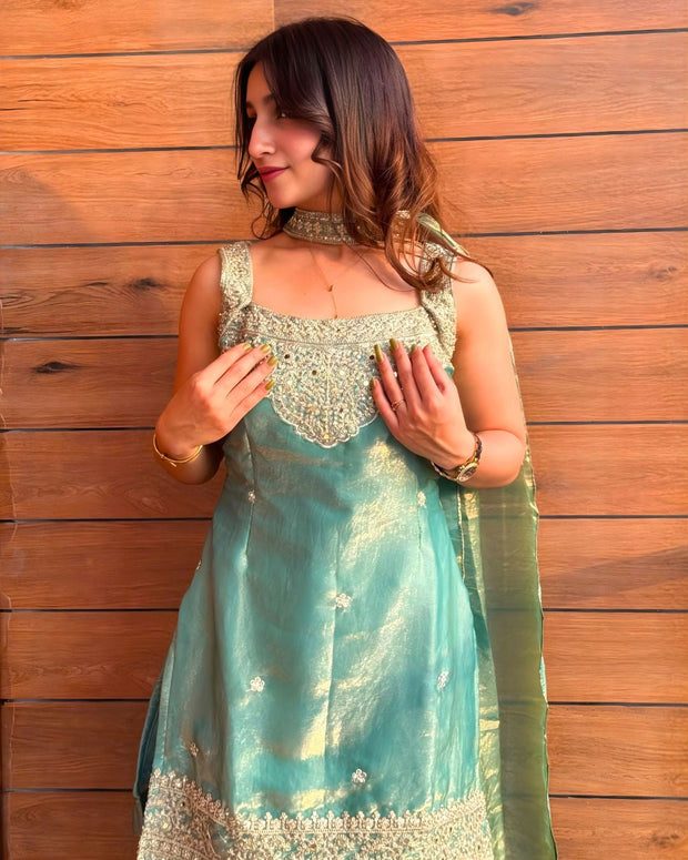 Mint & Coral Zari Embroidered Sharara Set