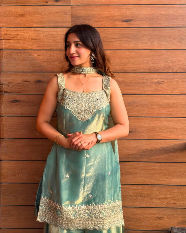 Mint & Coral Zari Embroidered Sharara Set