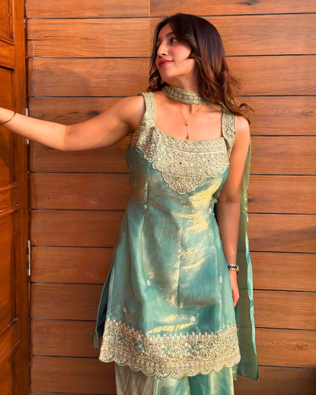 Mint & Coral Zari Embroidered Sharara Set