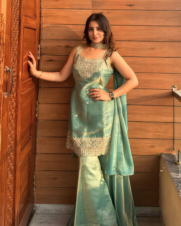 Mint & Coral Zari Embroidered Sharara Set