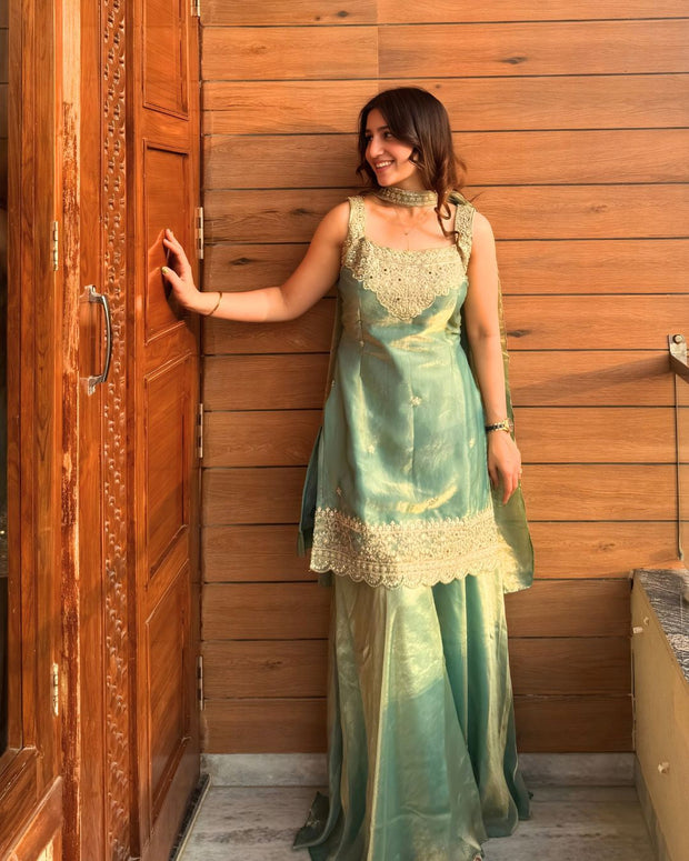 Mint & Coral Zari Embroidered Sharara Set