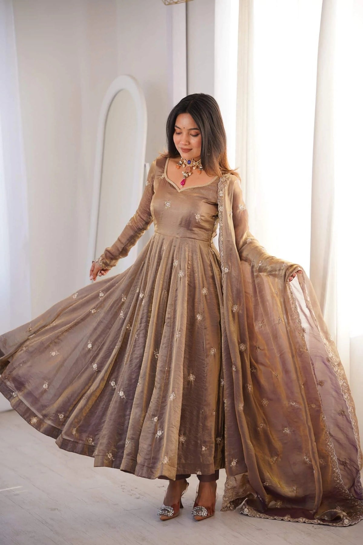Fendy Satin Embroidered Gown Set