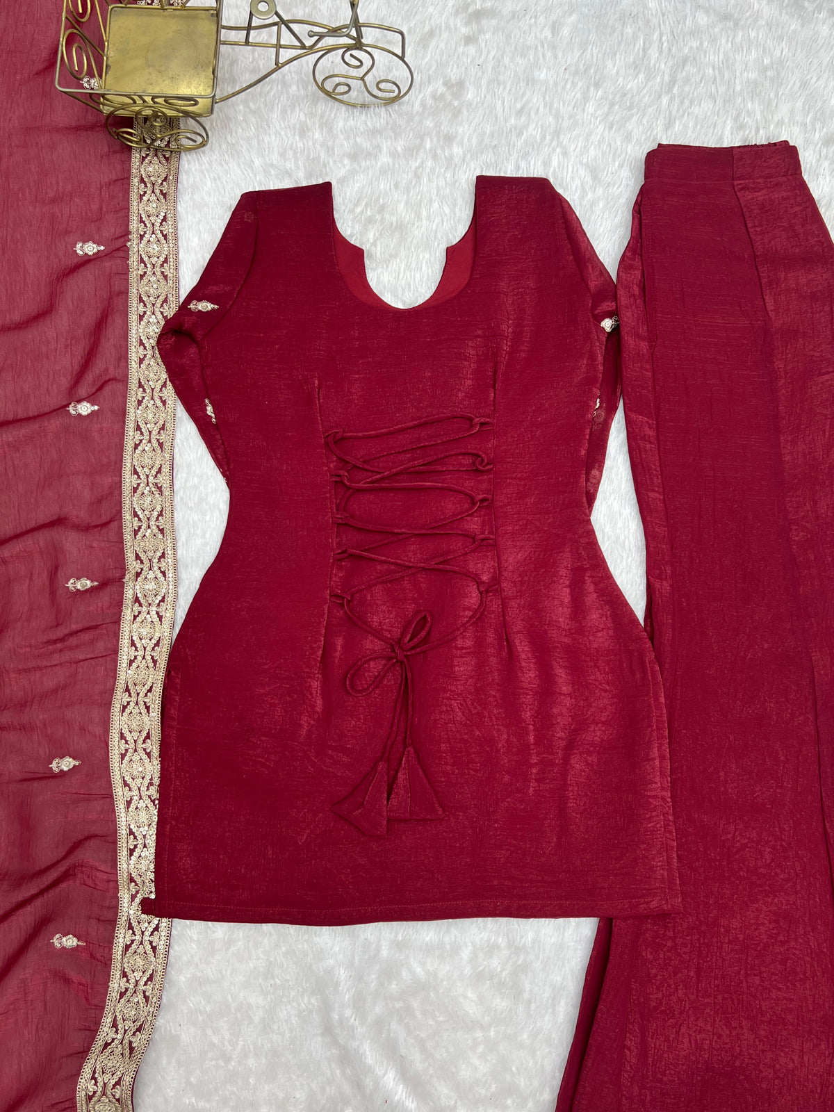 Wine Crunchy Silk Bell Bottom Set