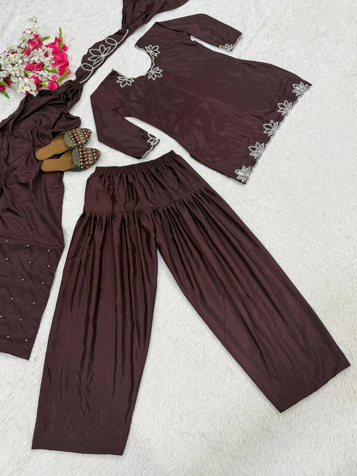 Brown Embroidered Crepe Top with Farshi Salwar Set