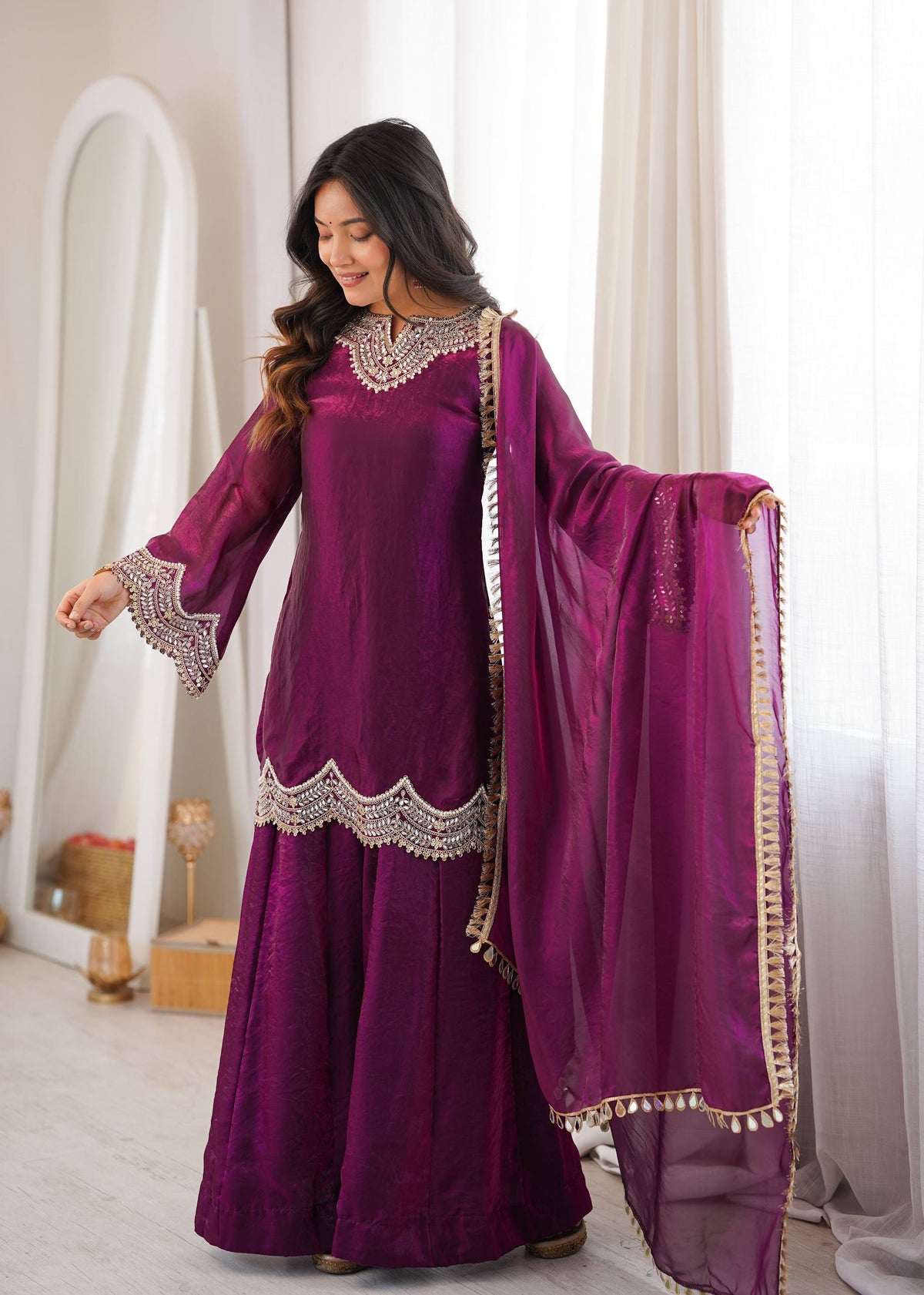 Royal Purple Mirror Work Sharara Set
