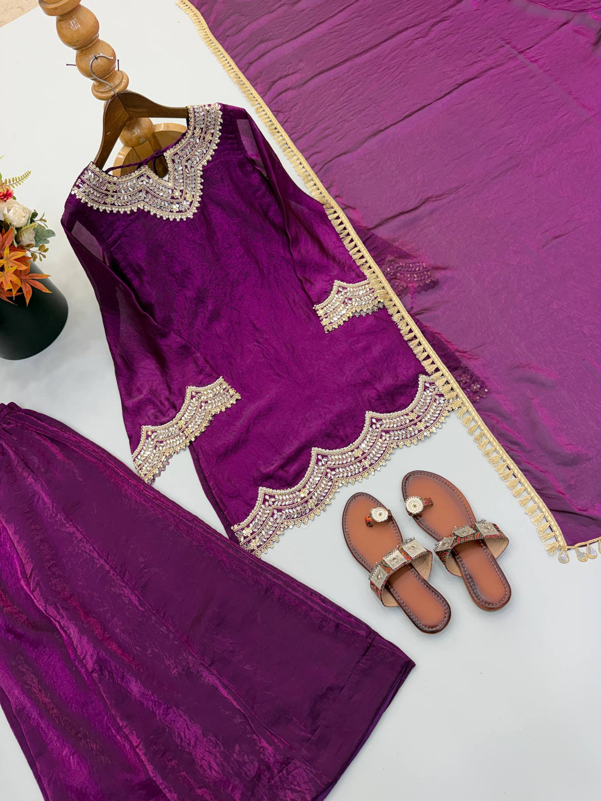 Royal Purple Mirror Work Sharara Set