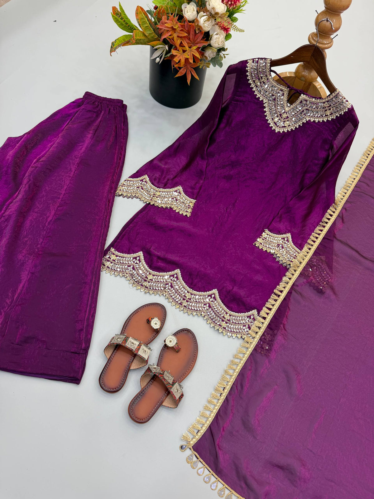 Royal Purple Mirror Work Sharara Set