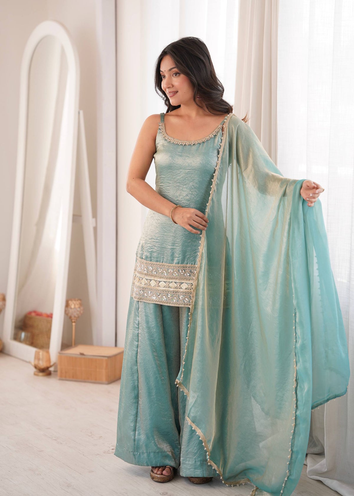 Sea Green Mirror Work Palazzo Set