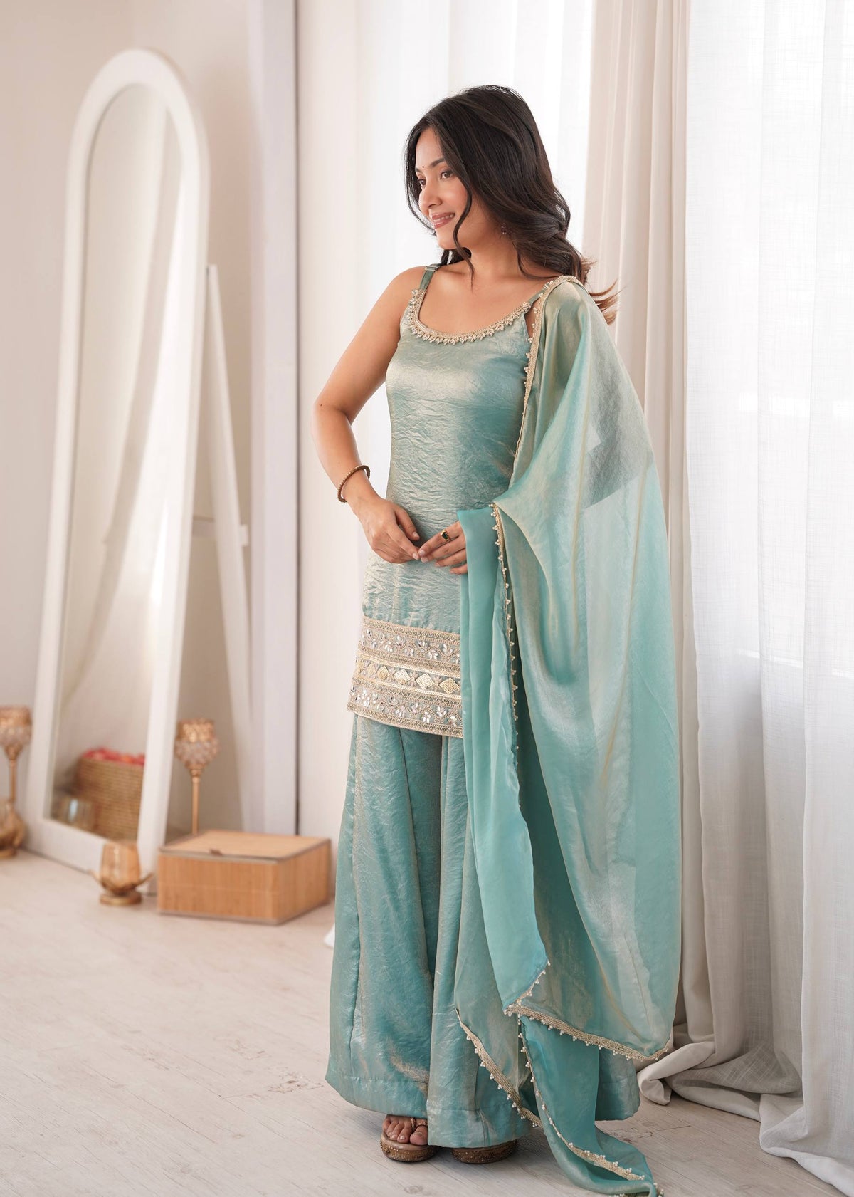 Sea Green Mirror Work Palazzo Set