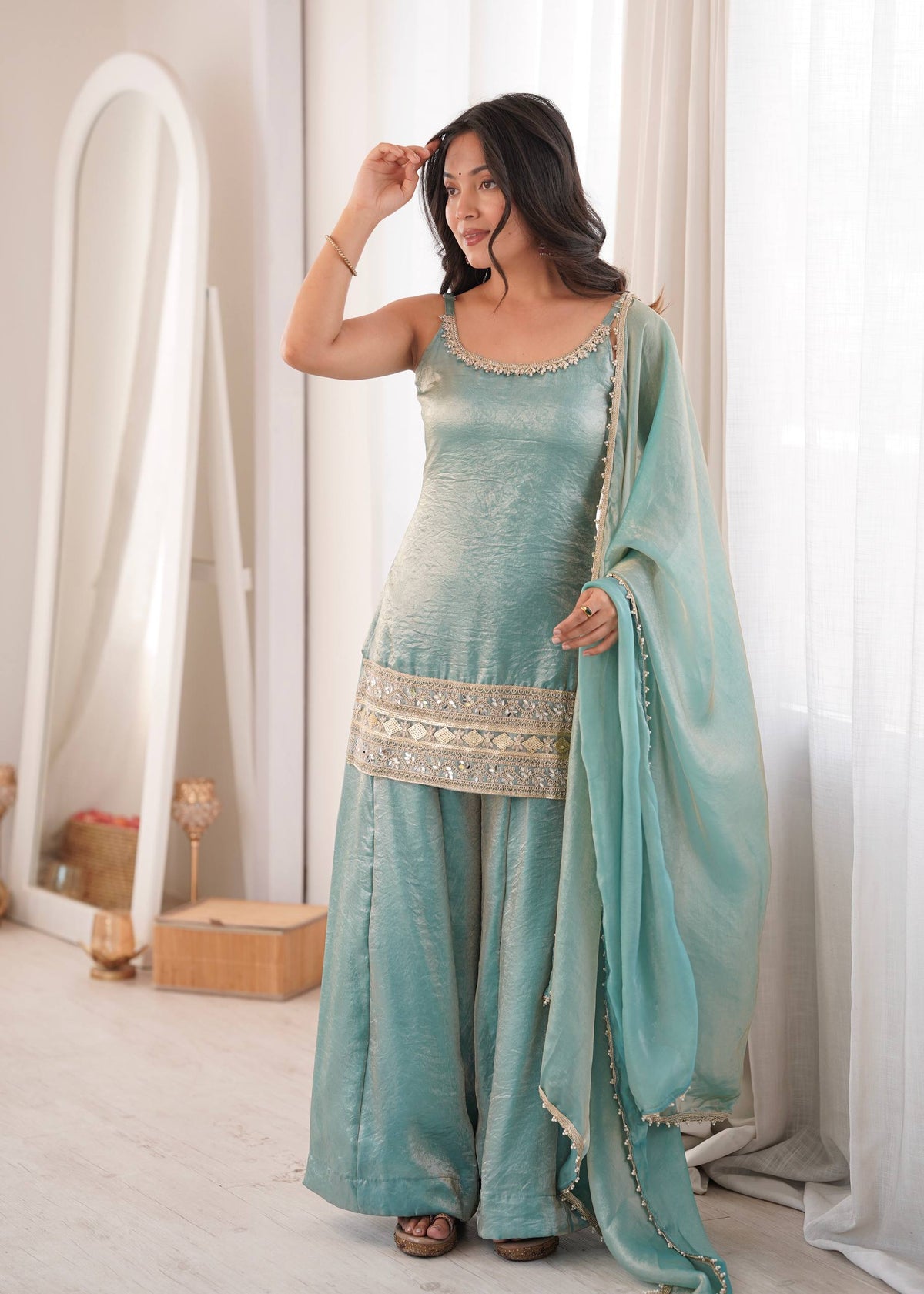 Sea Green Mirror Work Palazzo Set
