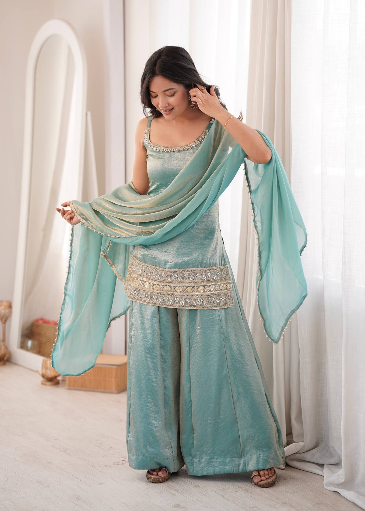 Sea Green Mirror Work Palazzo Set