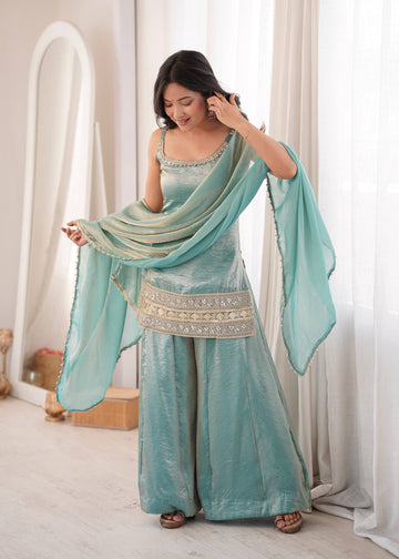Sea Green Mirror Work Palazzo Set