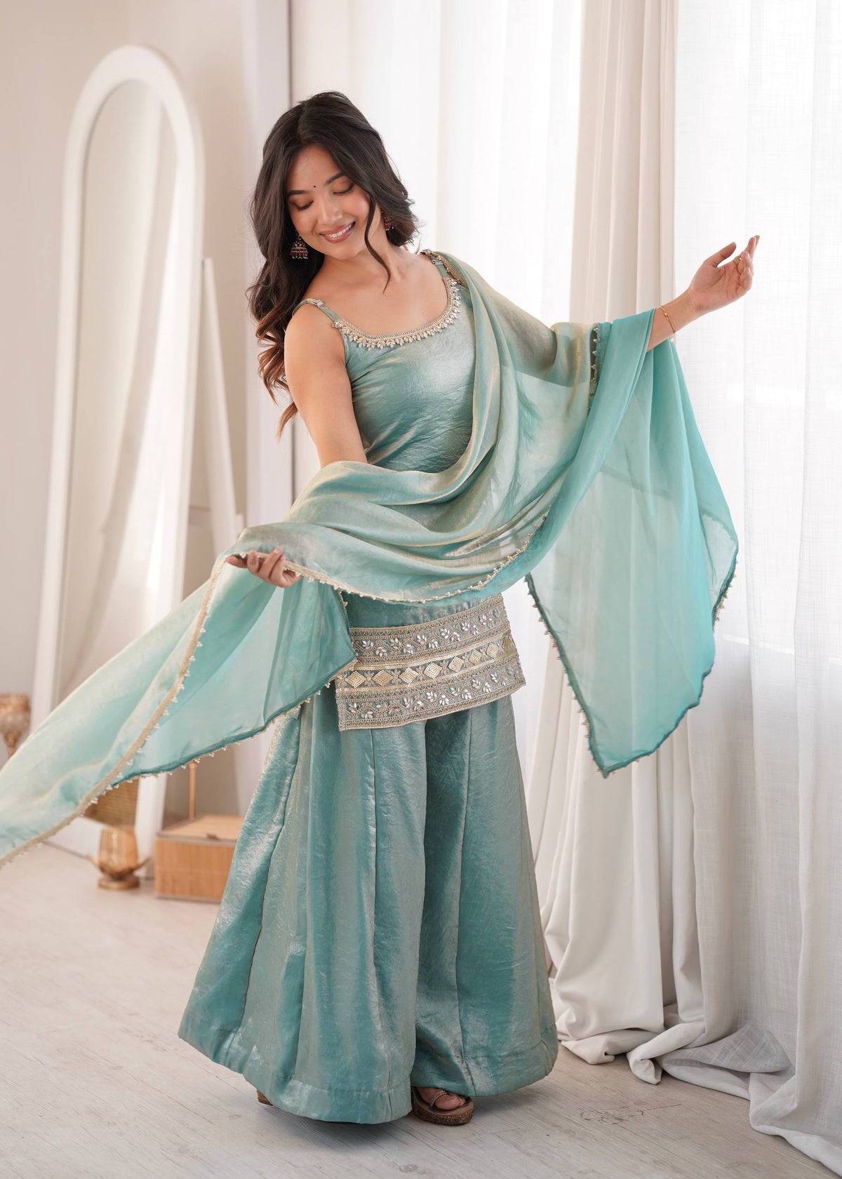 Sea Green Mirror Work Palazzo Set