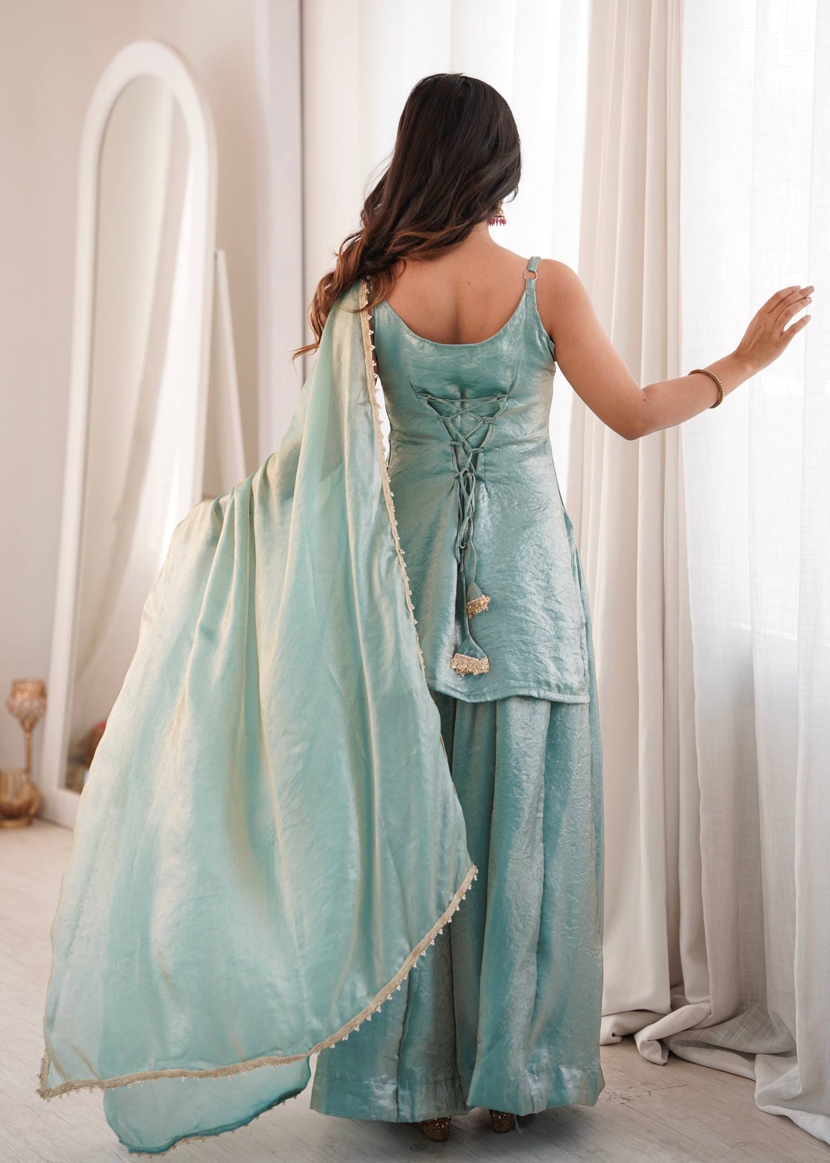 Sea Green Mirror Work Palazzo Set