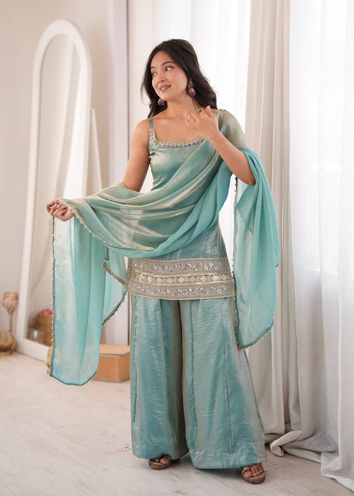 Sea Green Mirror Work Palazzo Set
