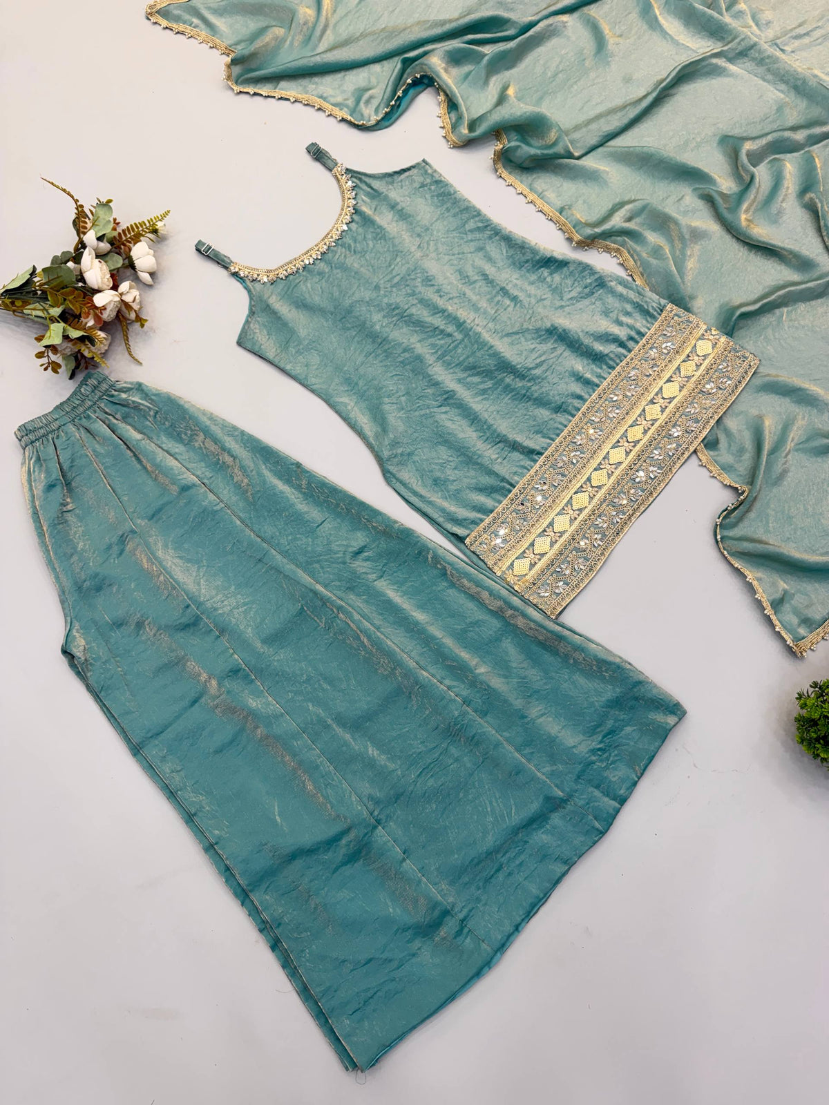Sea Green Mirror Work Palazzo Set