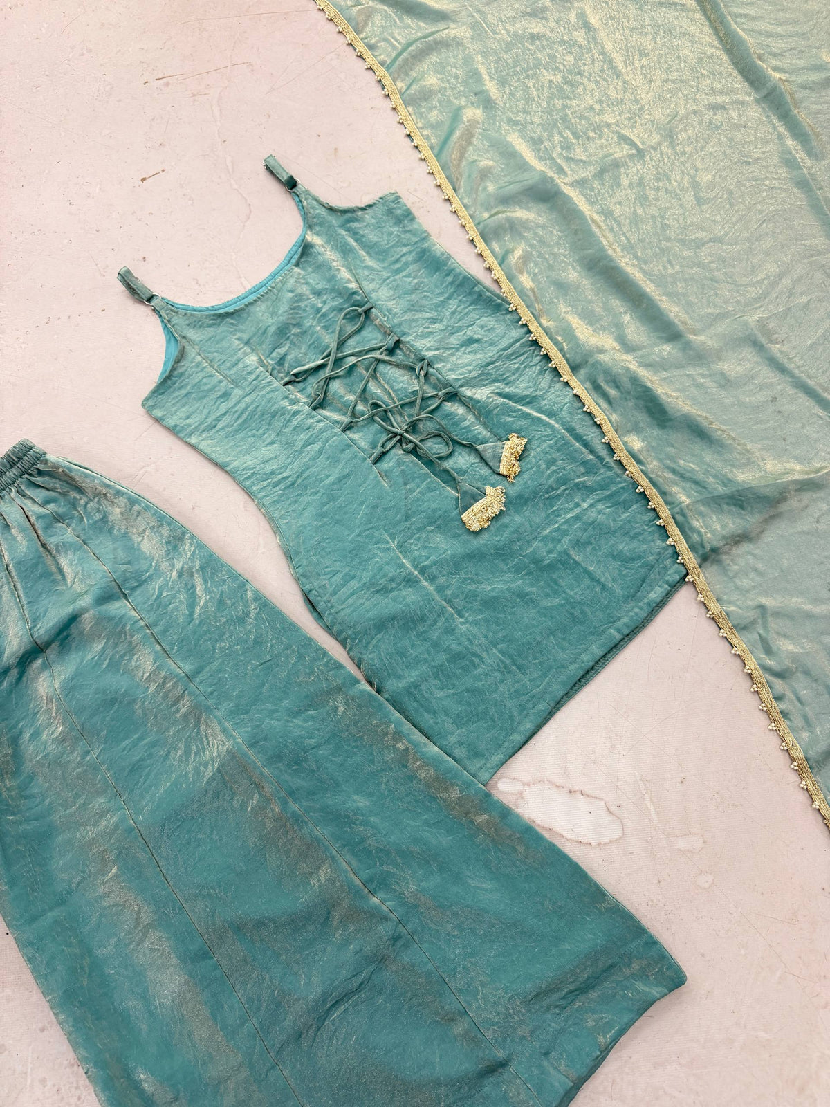 Sea Green Mirror Work Palazzo Set
