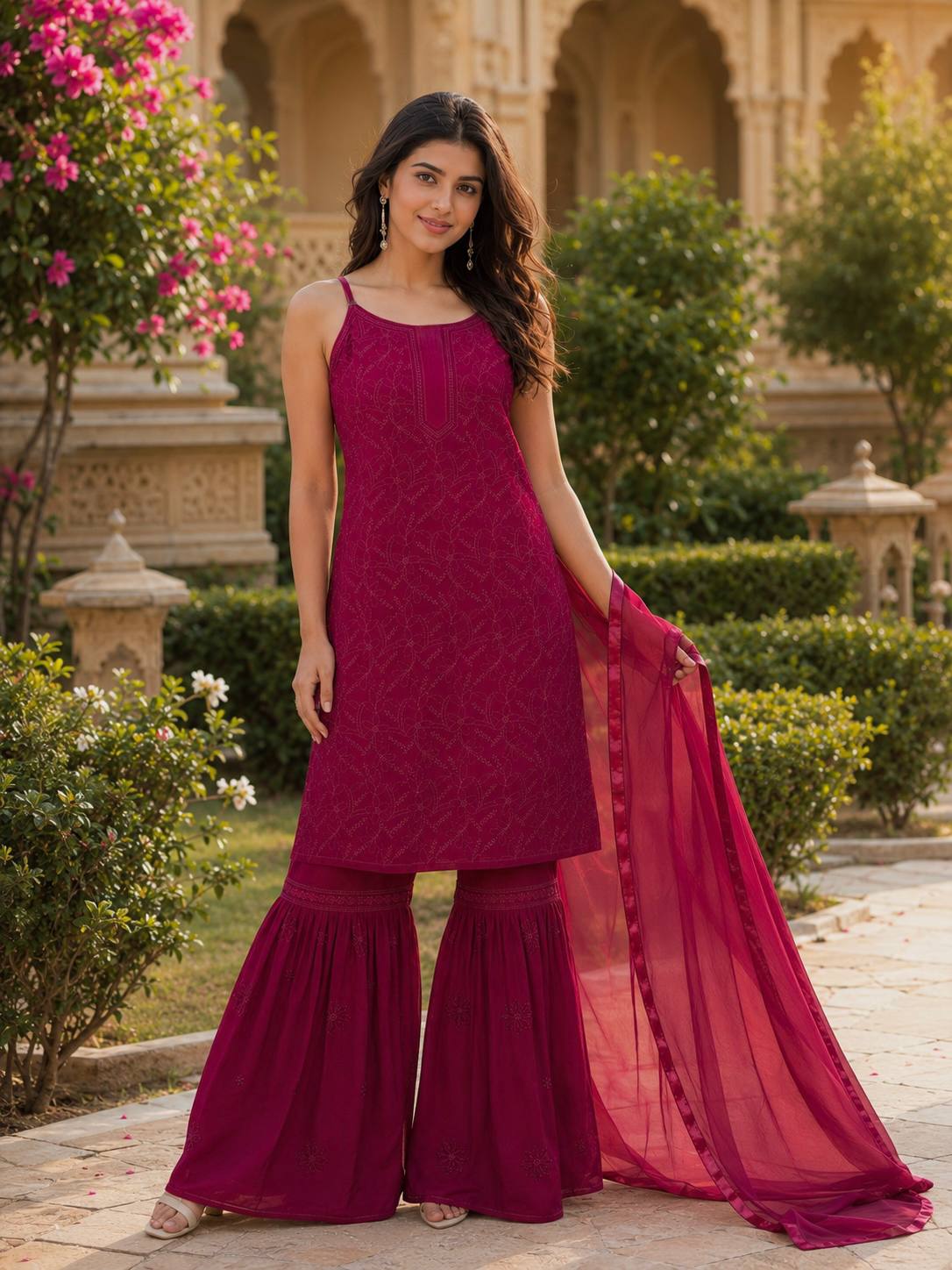 Wine Georgette Embroidered Sharara Set