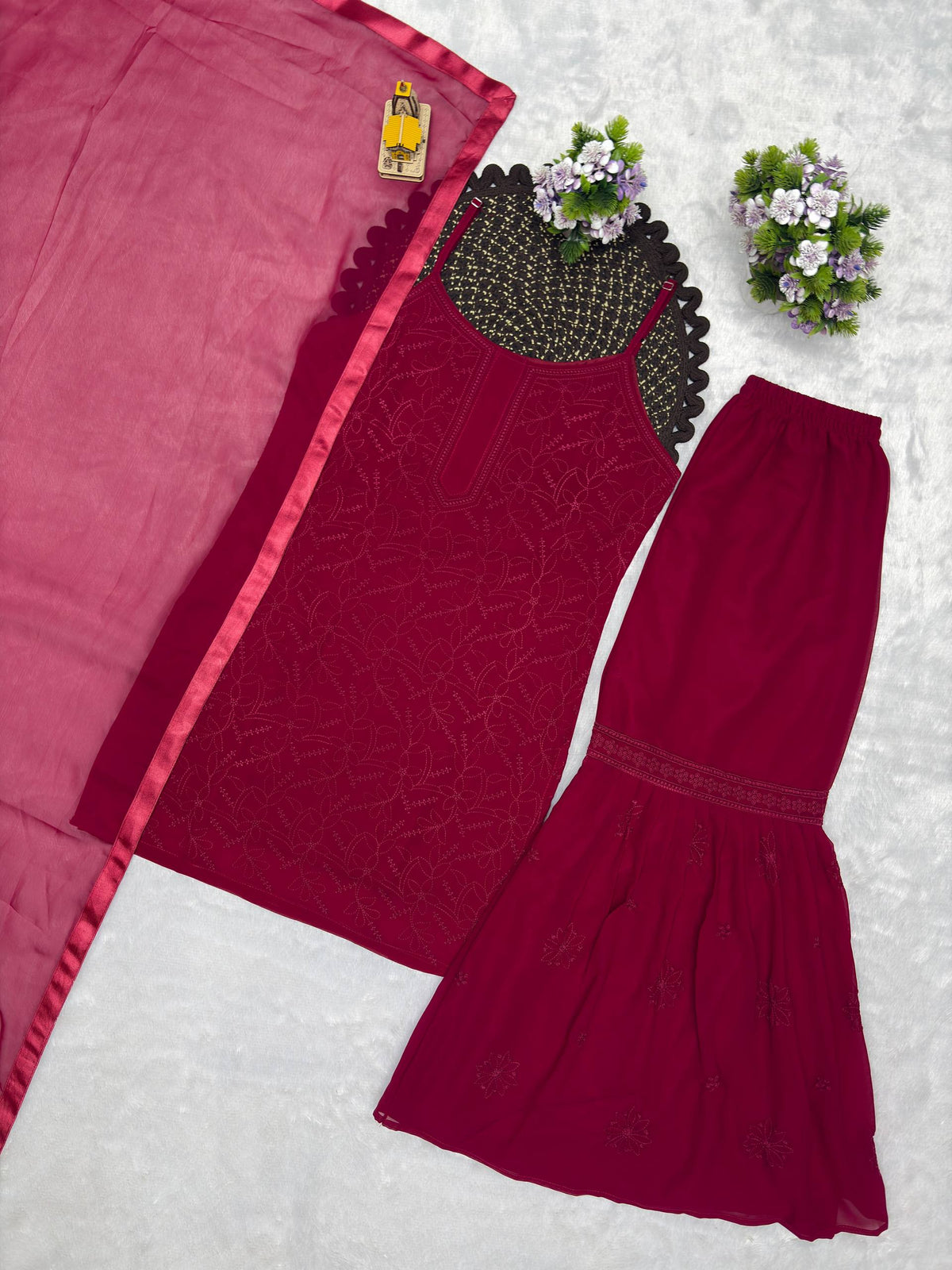 Wine Georgette Embroidered Sharara Set
