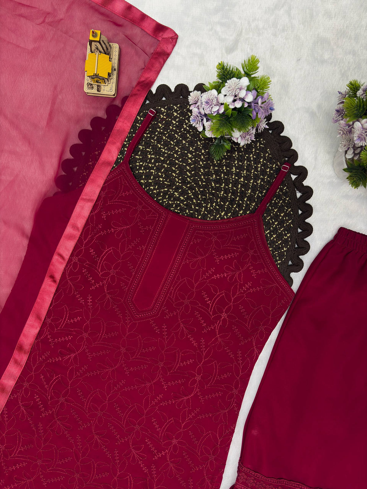 Wine Georgette Embroidered Sharara Set