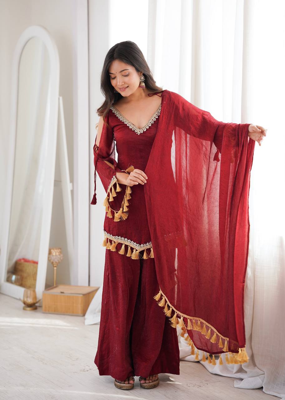 Ruby, Mauve & Olive Tassel Sharara Set