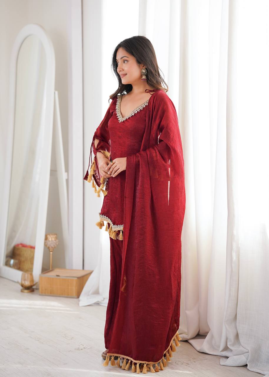 Ruby, Mauve & Olive Tassel Sharara Set